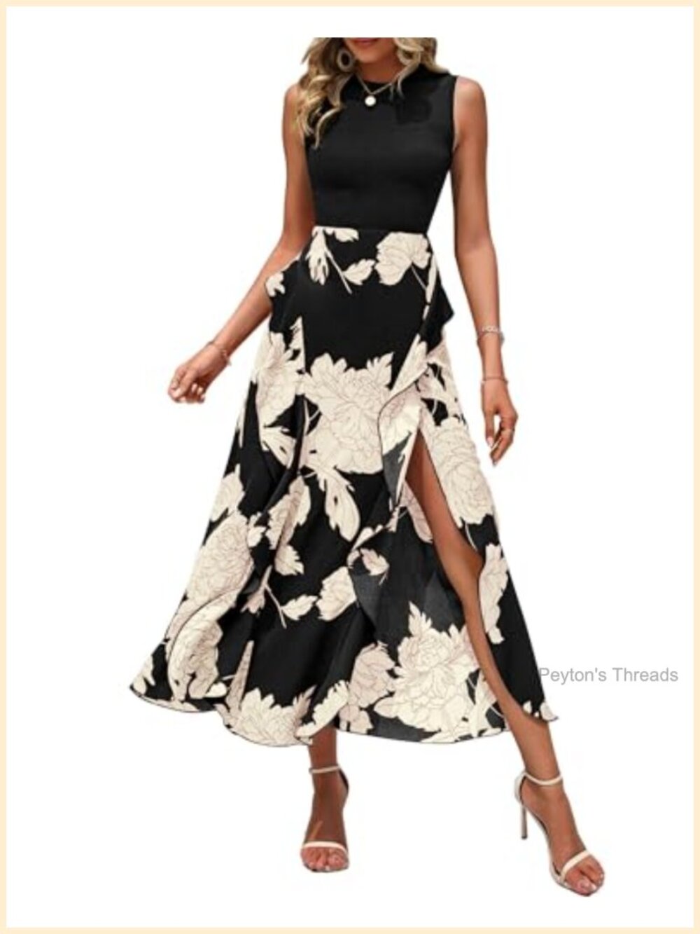 Sleeveless Floral Midi Dress A-Line Ruffle Asymmetrical Hem Wedding Guest